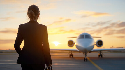 Ambition Takes Flight: A silhouette of a determined businesswoman gazing at a private jet against the backdrop of a vibrant sunset. This evocative image encapsulates ambition, success.