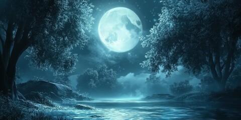 Serene Moonlight Night Over Tranquil Forest River