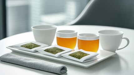 Exquisitely arranged teacups and tray, a serene setting for relaxing teatime two