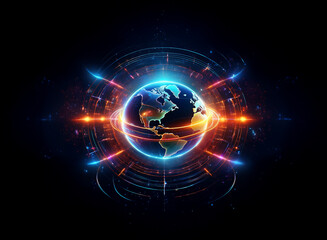 A vibrant, glowing Earth encircled by a futuristic, technological interface.  Intricate energy flows radiate outward, suggesting global connectivity and digital transformation.