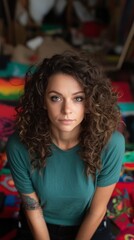 Fototapeta premium Creative Woman Artist Portrait Curly Hair Teal Shirt Studio