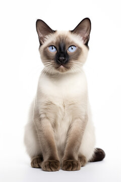 Beautiful Siamese cat with bright blue eyes on a white background.