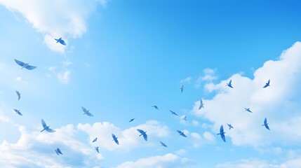 Obraz premium Bright blue midday sky with graceful birds silhouettes soaring high above the horizon in a serene peaceful and tranquil natural landscape scene Minimalist