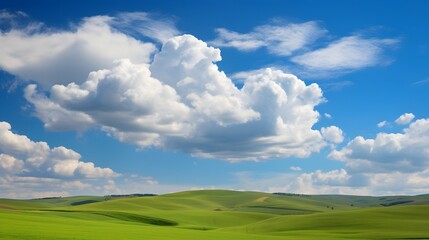 Fototapeta premium Dramatic and majestic cumulus clouds soar over a serene and picturesque countryside landscape of rolling hills and lush greenery This epic and natural vista creates a tranquil and atmospheric scene