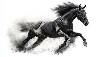 A powerful black horse galloping through dust, showcasing speed and grace.