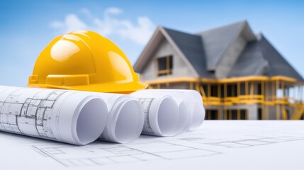 Yellow hard hat on blueprint, a symbol of safety and construction planning yellow