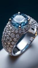 Elegant Silver Ring with Blue Gemstone and Sparkling Diamond Accents
