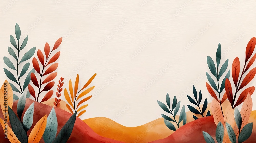 Aufkleber rustic watercolor concept. a colorful watercolor illustration of vibrant leaves and abstract shapes 