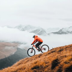 Obraz premium Dynamic Outdoor Adventure Mountain Biker in Vibrant Jacket on Rugged Path - Modern Sports Marketing Image Highlighting Achievements and Gear Efficiency for Active Lifestyle Branding