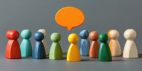 Colorful Wooden Figures Listening to a Speech Bubble, Representing Diverse Audience Participation