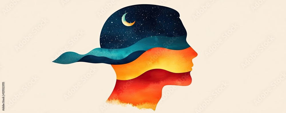 Poster starry watercolor idea. a colorful silhouette representing the complexity of human emotions and thou