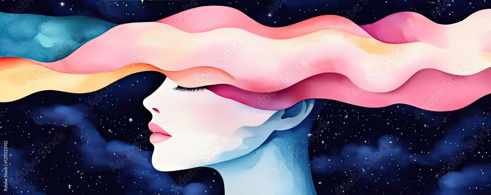 Aufkleber starry watercolor idea. a serene illustration depicting abstract thoughts and emotions flowing throu