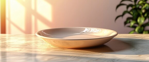 Empty ceramic dish on a wooden table in sunlight.