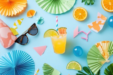 A creative flat lay of summer party essentials: party hats, sunglasses, tropical drinks, and paper fans