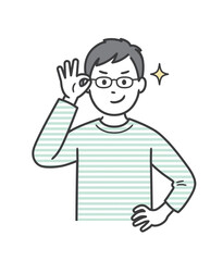 OKポーズをする高齢者男女斜め眼鏡を上げてニヤリと笑い自信を見せる若い男性
