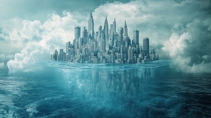 Fototapeta premium A futuristic city island floats on a tranquil ocean