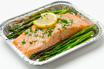 Salmon baked with asparagus in foil, lemon garlic, butter sauce, top view.