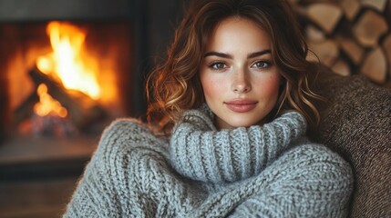 Cozy Winter Portrait: Woman in Knit Sweater by Fireplace