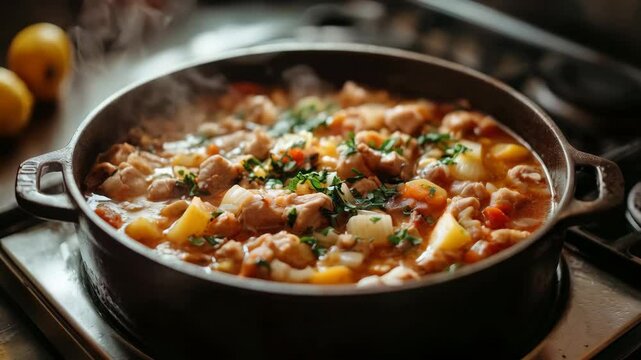 Sizzling chicken and vegetable stew cooking in rustic skillet for hearty meal preparation