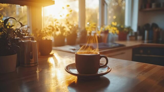 Morning sunshine pouring on steaming coffee cup in cozy kitchen setting