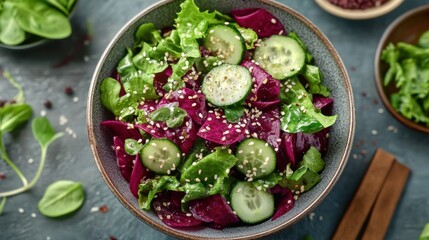 Vibrant Gourmet Spiralized Beetroot and Cucumber Salad with Sesame Seeds A Minimalist Top-Down View This healthy, refreshing salad recipe features thinly sliced beetroot and cucumber, tossed with