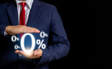 Businessman using mobile with zero percentage or 0 percent for Interest free,with a glowing 0% symbol prominently displayed on the screen, representing interest-free offers or zero-interest financing.