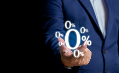 Businessman using mobile with zero percentage or 0 percent for Interest free,with a glowing 0% symbol prominently displayed on the screen, representing interest-free offers or zero-interest financing.