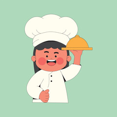 Cute Chef Girl Serving a Dish Cartoon Character Illustration