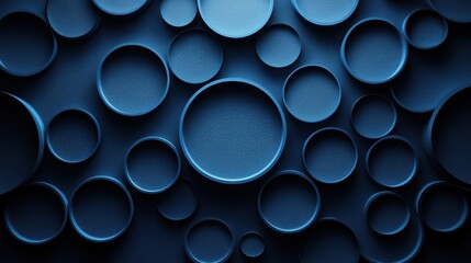 Edgy blue circles and polygons on a dark backdrop. Geometric design for banner template with white space in the center for text. Modern minimalist wallpaper with copy space.