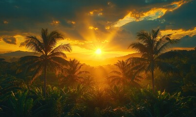 Obraz premium Golden sunset, tropical palms, vibrant landscape.