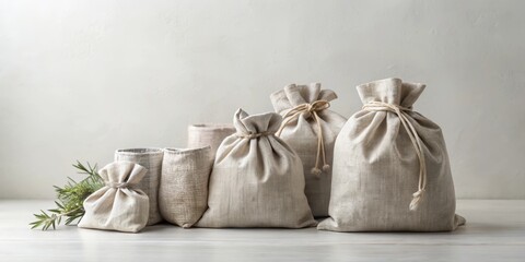 A collection of rustic linen sacks, various sizes, tied with twine, presented on a white wooden surface, adorned with a sprig of aromatic herbs.