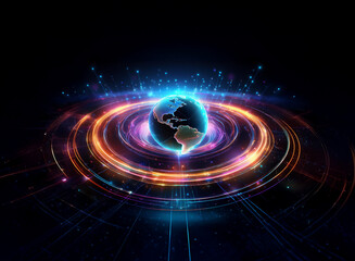 A vibrant, glowing Earth hovers within concentric rings of light, symbolizing global connectivity and technological advancement.  The dark background emphasizes the futuristic, digital aesthetic.