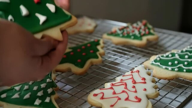 Decorating christmas tree cookies with icing patterns in festive kitchen setting
