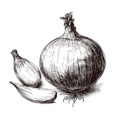 Hand-drawn illustration of onion and garlic cloves. (1)