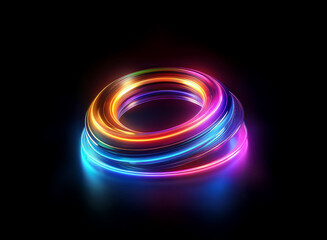 Naklejka premium Vibrant, glowing neon rings intertwine, creating a mesmerizing, three-dimensional effect against a stark black background. The rings exhibit a colorful, iridescent sheen.