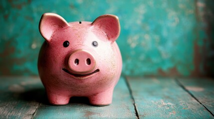 Classic Pink Piggy Bank with Glossy Finish on Vintage Background