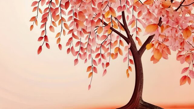 Beautiful pink leaf tree in autumn setting with soft peach background and gentle leaves drifting down