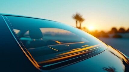 Fototapeta premium UV protection safety summer. A close-up of a car window reflecting a sunset, with palm trees silhouetted in the background, creating a serene, warm atmosphere.