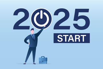 New year, business or launch start up company in 2025 concept, Improvement, change management. Businessman pushing start button to startup new business in 2025.