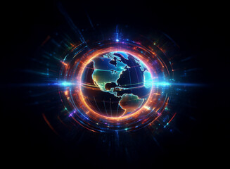 Obraz premium A vibrant, glowing Earth encircled by energy streams, showcasing a futuristic, digital representation of our planet. The image evokes themes of global connection and technological advancement.