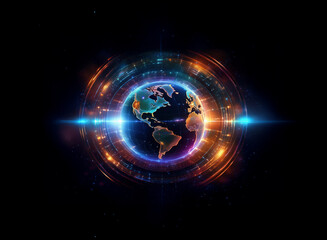 Obraz premium A vibrant, glowing Earth encircled by rings of energy, set against a dark cosmic backdrop. The image evokes feelings of futuristic technology and global interconnectedness.