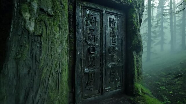 A mysterious wooden, half-rotten door into a dungeon in the middle of a dark, mossy forest. The dungeon door looms large, a testament to time in the dark forest.