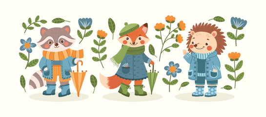 Forest spring characters and plants set. Woods animals - raccoon, fox, hedgehog in warm clothes, rubber boots with umbrella. Flowers, leaves, branches, botanical elements vector collection.