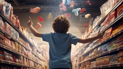 Child reaching with outstretched hand to grab a tempting candy display in the checkout aisle of a supermarket showing the powerful draw of impulse purchases and the struggle to resist cravings