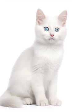 Beautiful white cat with blue eyes on white background