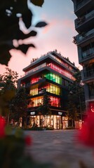 Obraz premium Modern Building Dusk Colorful Glass Panels Cityscape Architecture Night