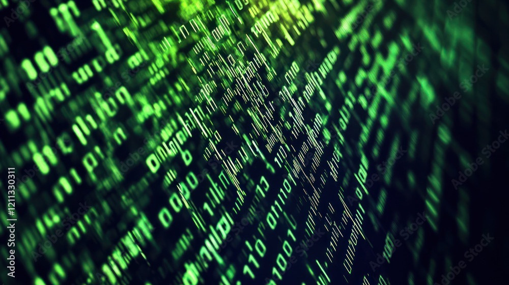 Poster abstract digital data stream: glowing green binary code