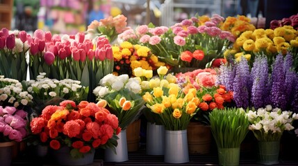 Vibrant and Colorful Floral Display at the Entrance of a Supermarket Showcasing a Diverse Arrangement of Fresh Flowers and Blossoms Available for Purchase