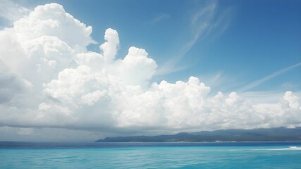 tropical beach with turquoise water and white clouds in the blue sky