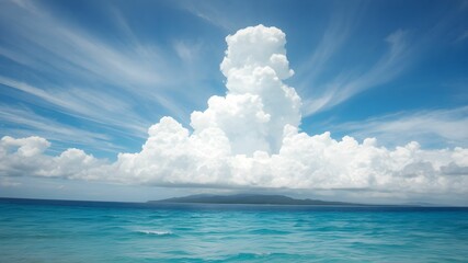 tropical beach with turquoise water and white clouds in the blue sky